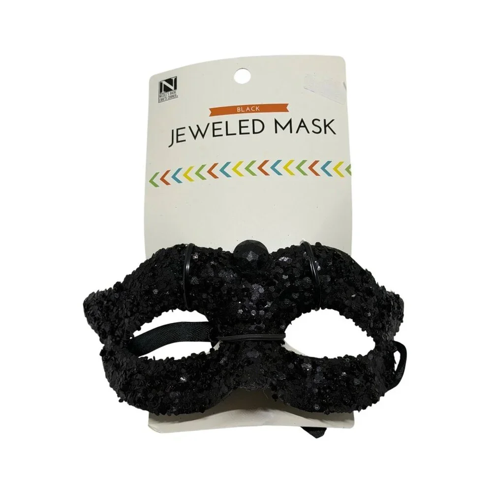 NWT Nicole's Basic Crafts Black Jeweled Masquerade Mask Mardi Gras Party Elegant